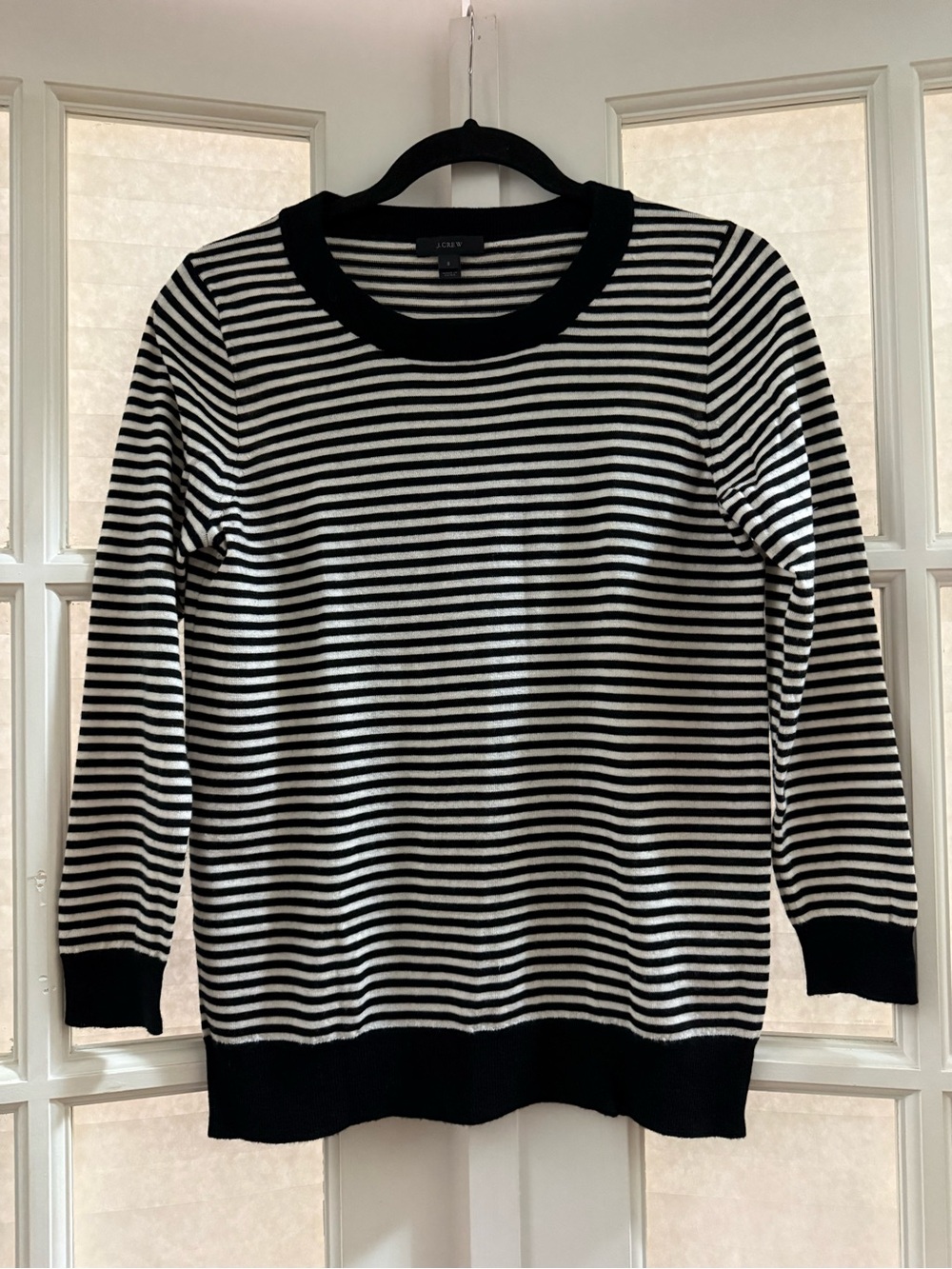J. Crew Black and White Striped Crewneck Sweater